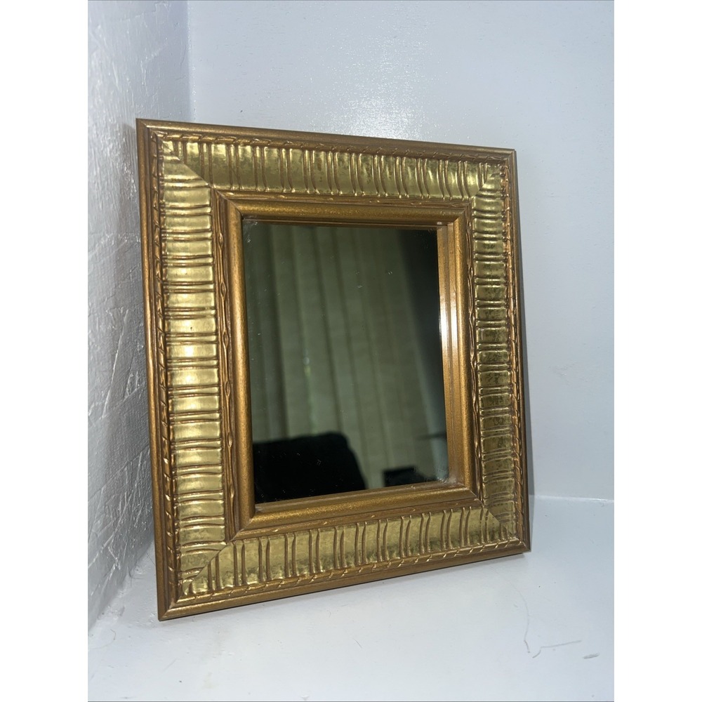 Vintage Gold Framed Hanging Mirror Square 7 3/4x 6 3/4 " MCM Wood Decor